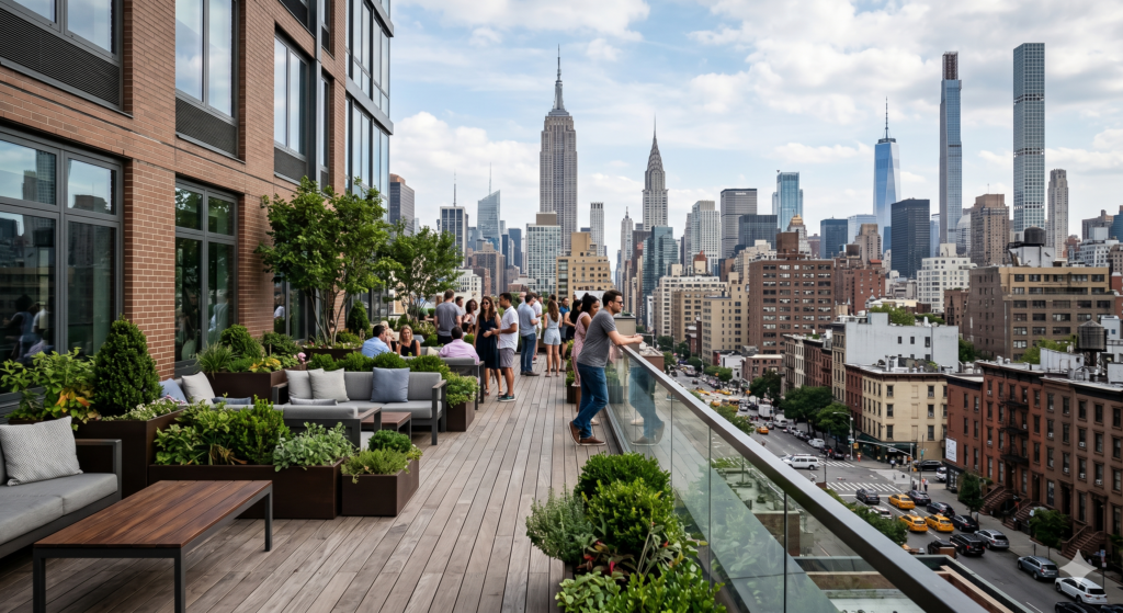 Commercial high-rise rooftop overlooking the Manhattan skyline in New York City